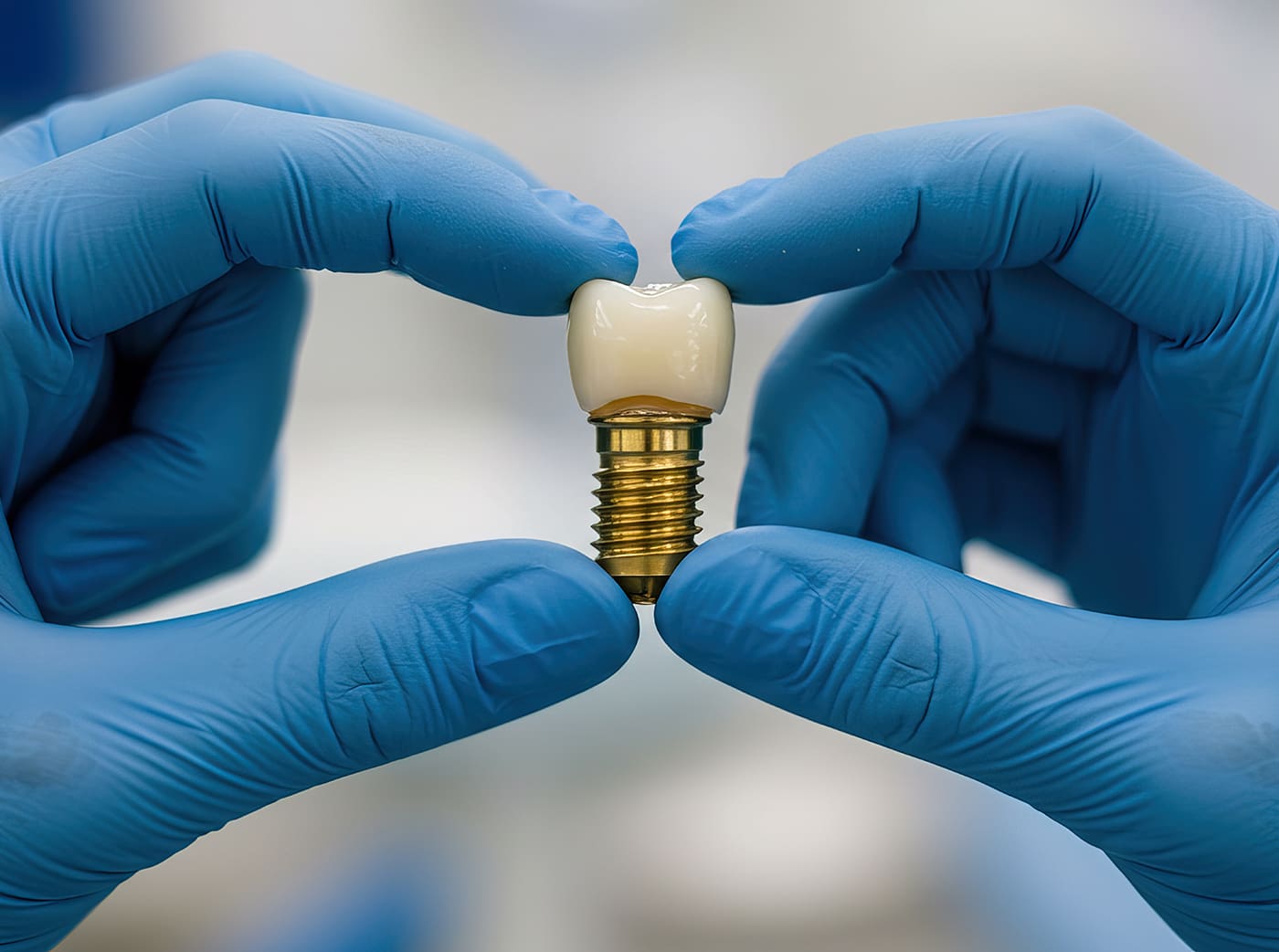 Dental implant held by gloved hands showing the crown and screw part