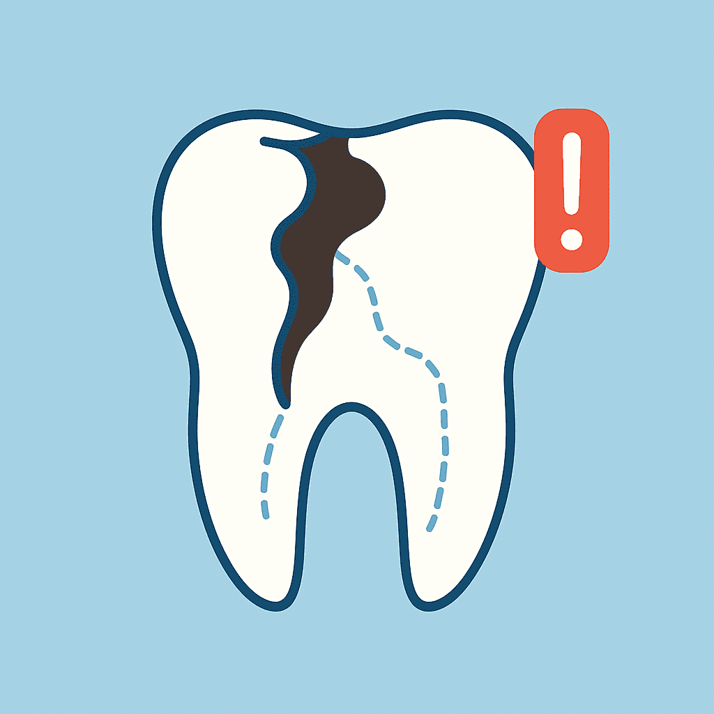 Illustration of a molar tooth with deep, dark decay and dashed lines indicating internal damage, accompanied by a red exclamation mark to signal severity