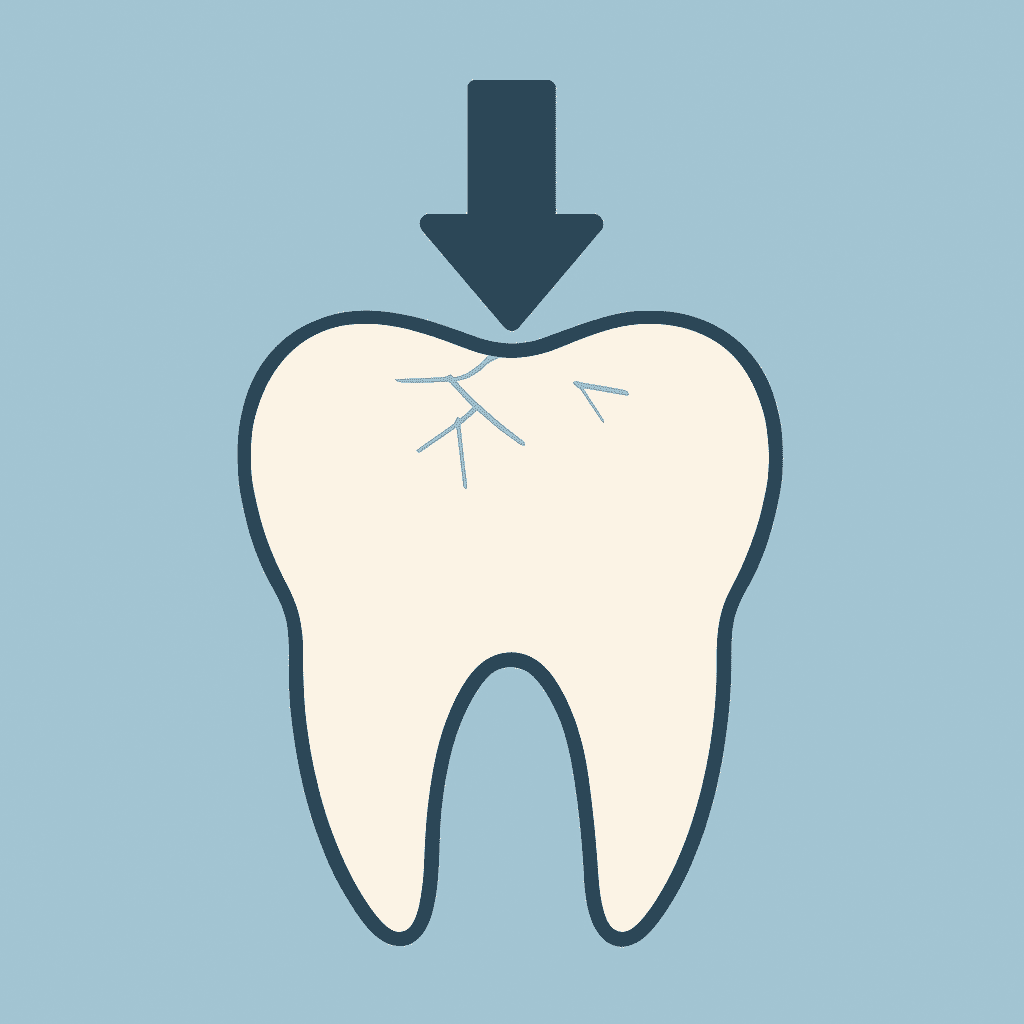 Simple image of a back molar with a thick downward arrow pressing on it, symbolizing bite pressure and stress on the tooth