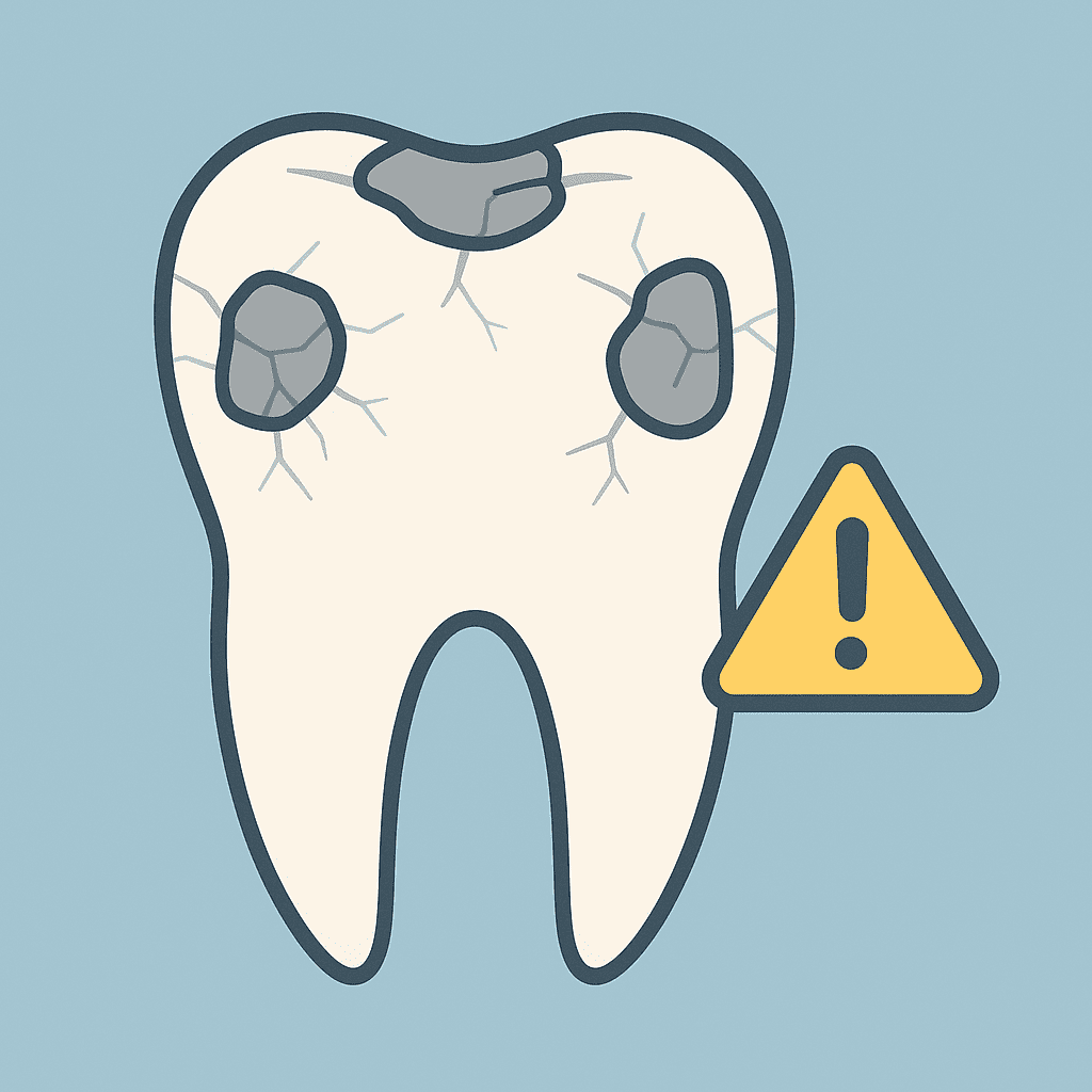 Diagram of a molar with multiple filling patches and visible crack lines showing structural weakening due to repeated restorations