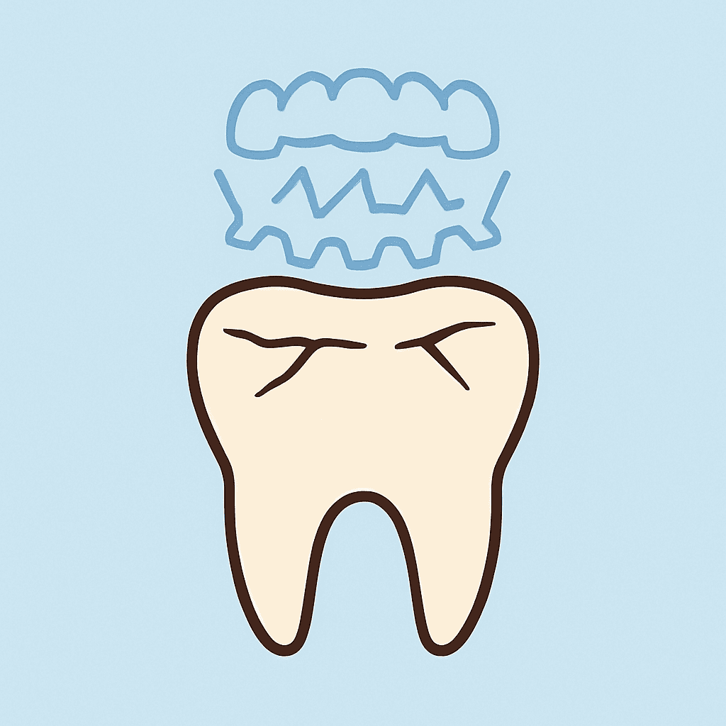 Flat illustration of a molar with worn-down edges and surface cracks, overlaid with grinding motion lines to represent bruxism damage